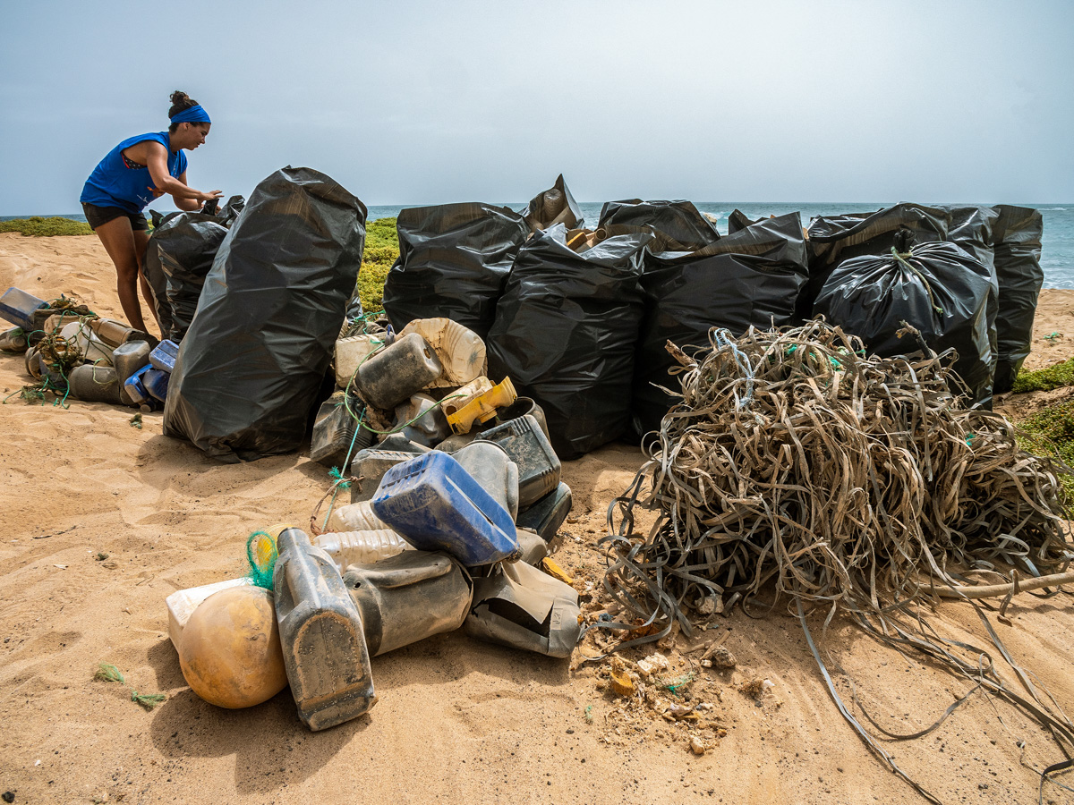 Aufgetürmte Müllberge von Strandreinigungsaktion